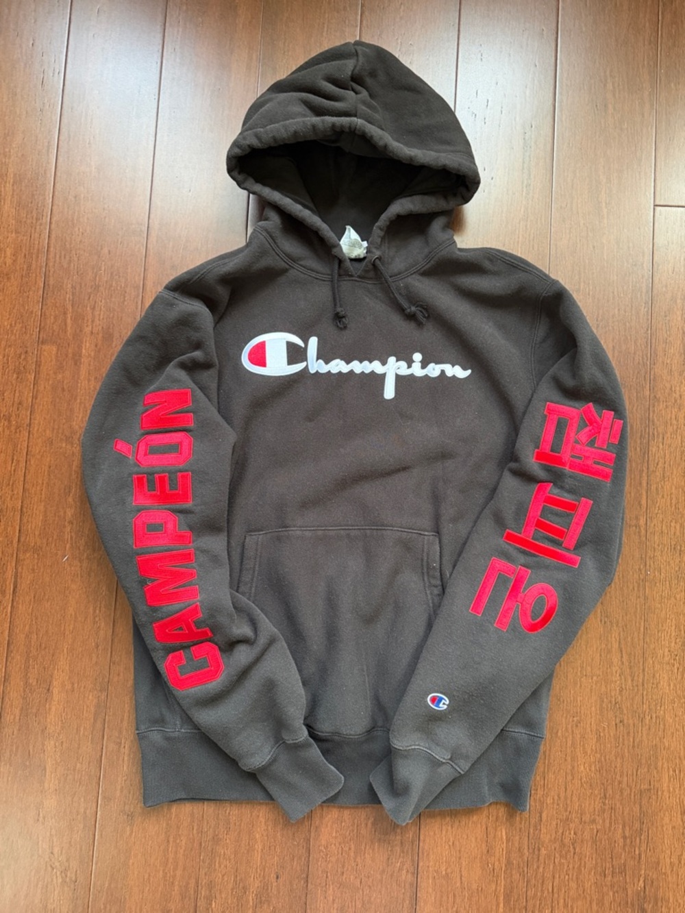 Champion Men’s Brown Crewneck Hoodie with Red Sleeve Graphics